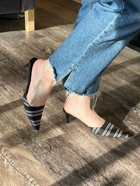 kate spade Black & White Striped Pointed-Toe Kitten Heel Mules